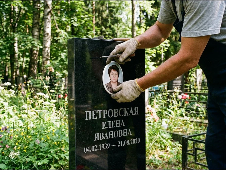 Фото на керамике на памятник в Хабаровске — мастер устанавливает овальный керамический портрет на гранитный памятник