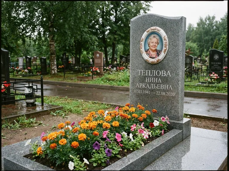 Керамический портрет на памятнике с цветами в Хабаровске