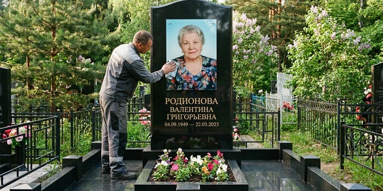 Фотокерамика и печать фото на памятник в Хабаровске — мастер устанавливает цветной портрет на стекле на гранитный памятник