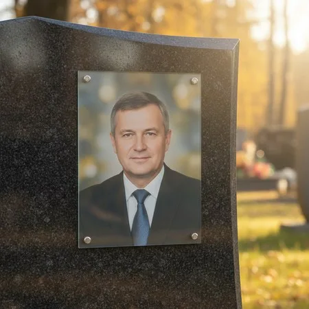 Портрет на стекле на держателях на чёрном граните в Хабаровске
