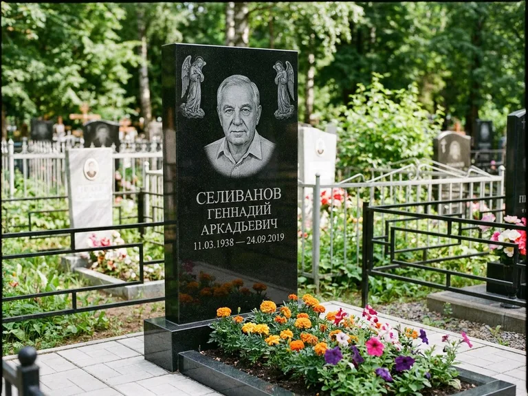 Памятник с гравировкой ангела — гравировка двух ангелов по сторонам портрета, работа «Селиванов» в Хабаровске