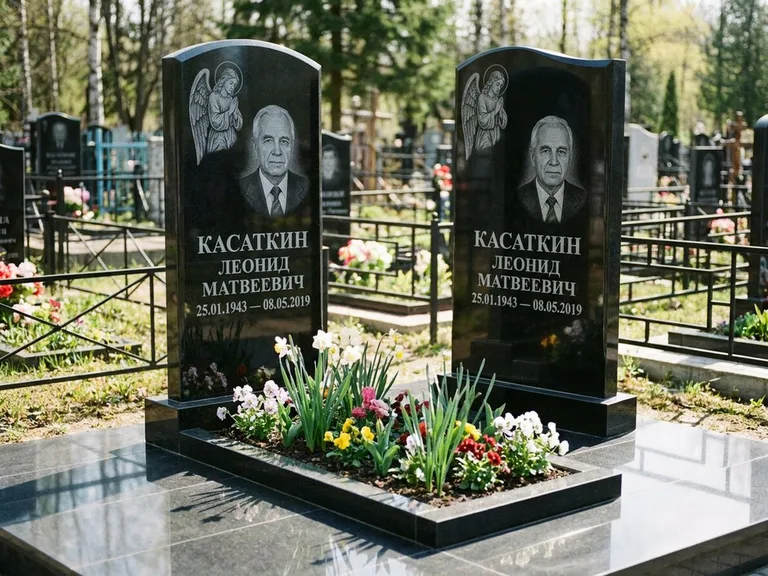 Памятник с гравировкой ангела — гравировка молящегося ангела в верхней части стелы, работа «Касаткин» в Хабаровске