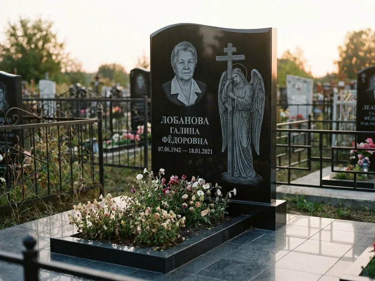 Памятник с гравировкой ангела — гравировка ангела с крестом рядом с эпитафией, работа «Лобанова» в Хабаровске