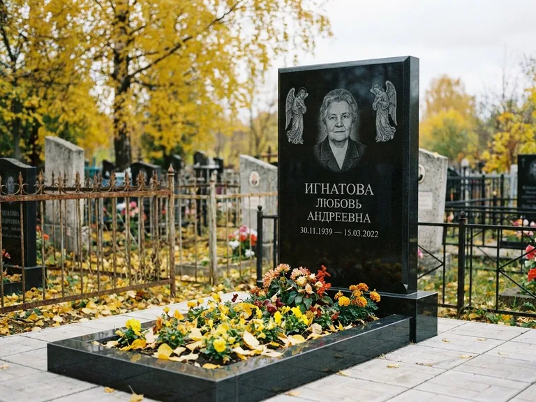 Памятник с гравировкой ангела — гравировка двух ангелов по сторонам портрета, работа «Игнатова» в Хабаровске