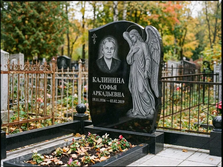 Памятник с гравировкой ангела — гравировка ангела с крестом рядом с эпитафией, работа «Игнатова» в Хабаровске