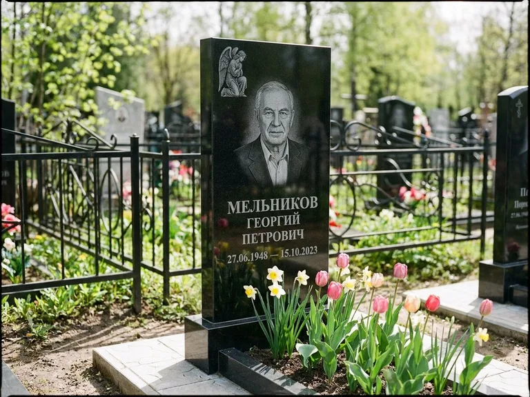 Памятник с гравировкой ангела — гравировка ангела с голубем по диагонали стелы, работа «Доронин» в Хабаровске