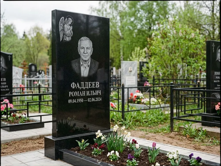 Памятник с гравировкой ангела — гравировка молящегося ангела в верхней части стелы, работа «Фаддеев» в Хабаровске
