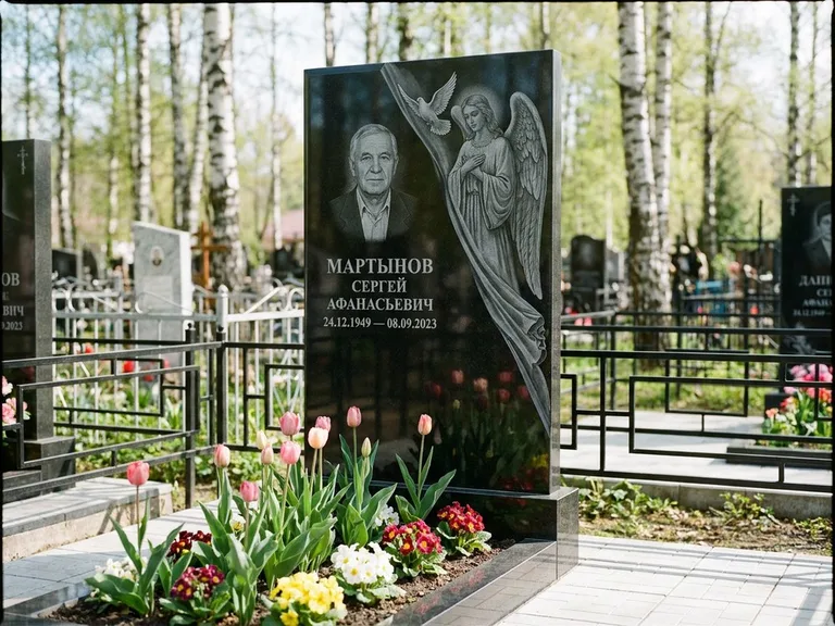 Памятник с гравировкой ангела — гравировка двух ангелов по сторонам портрета, работа «Касаткин» в Хабаровске
