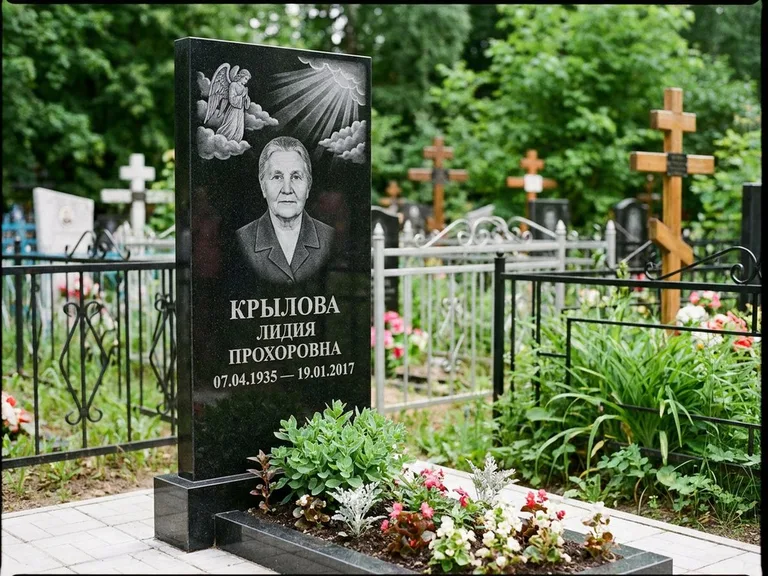 Памятник с гравировкой ангела — гравировка ангела в облаках с лучами над портретом, работа «Лобанова» в Хабаровске