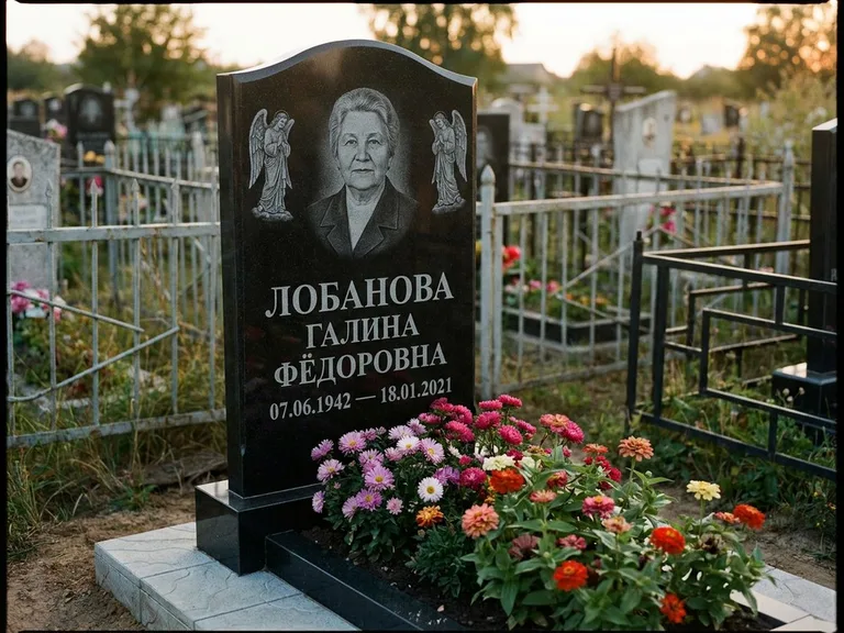 Памятник с гравировкой ангела — гравировка двух ангелов по сторонам портрета, работа «Лобанова» в Хабаровске