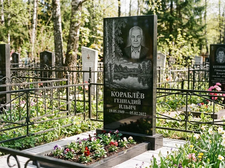 Памятник с гравировкой берёзы — гравировка берёзы у зеркального озера, работа «Кораблёв» в Хабаровске