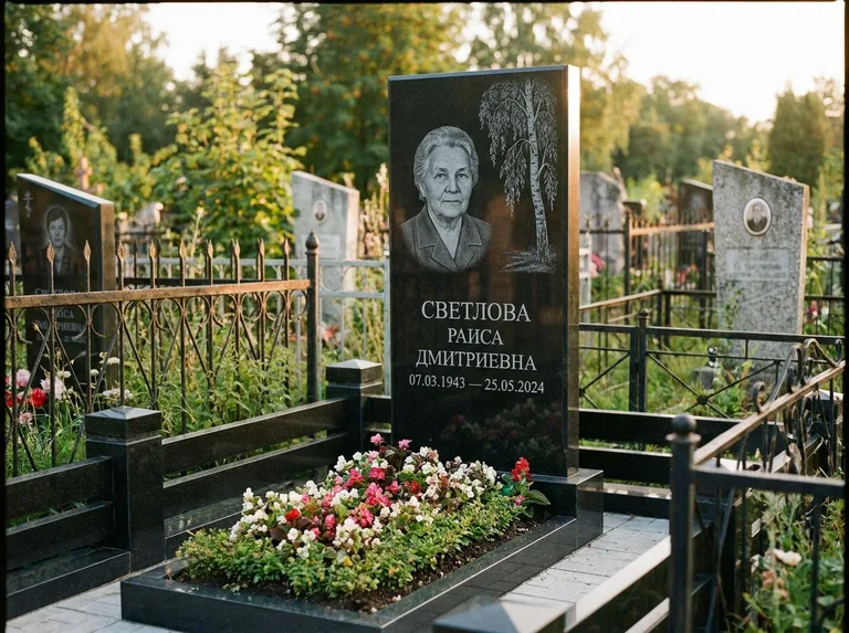 Памятник с гравировкой берёзы — гравировка плакучей берёзы с тонкими ветвями, работа «Светлова» в Хабаровске
