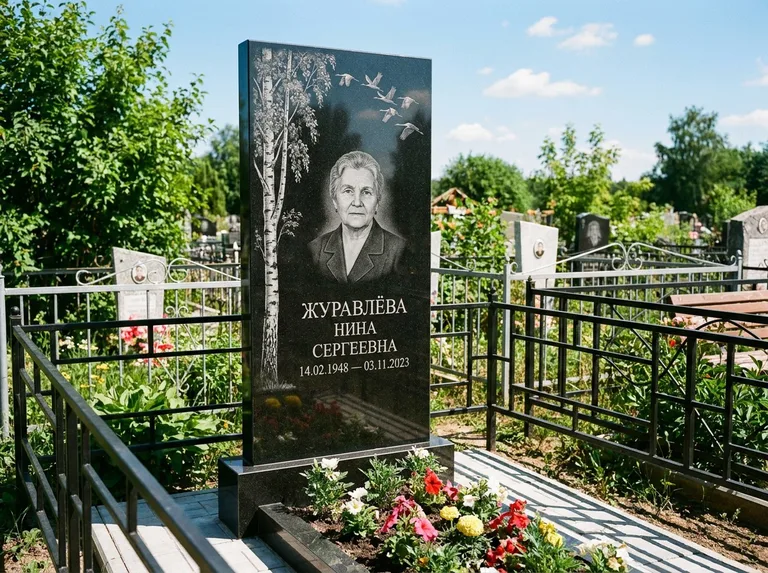 Памятник с гравировкой берёзы — гравировка берёзы с журавлиным клином в небе, работа «Журавлёва» в Хабаровске