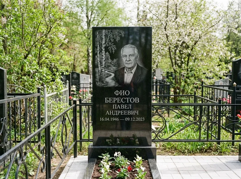 Памятник с гравировкой берёзы — гравировка берёзы у тропинки, уходящей вдаль, работа «Берестов» в Хабаровске