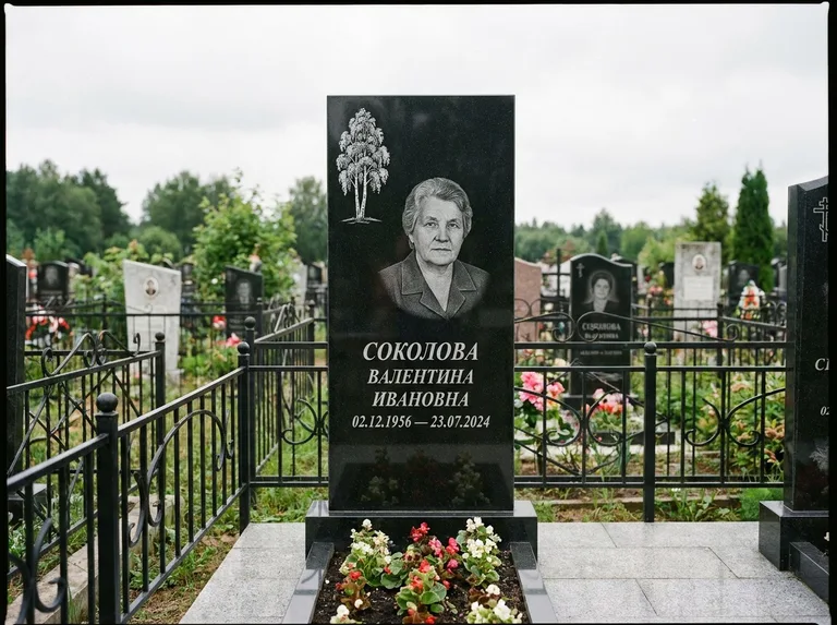 Памятник с гравировкой берёзы — гравировка одинокой берёзы над именем, работа «Соколова» в Хабаровске