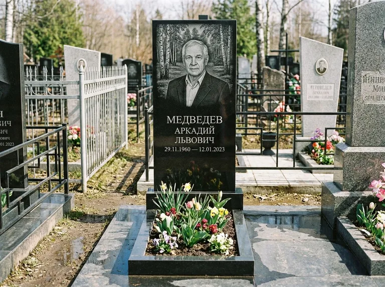 Памятник с гравировкой берёзы — гравировка берёзовой рощи в глубину, работа «Медведев» в Хабаровске