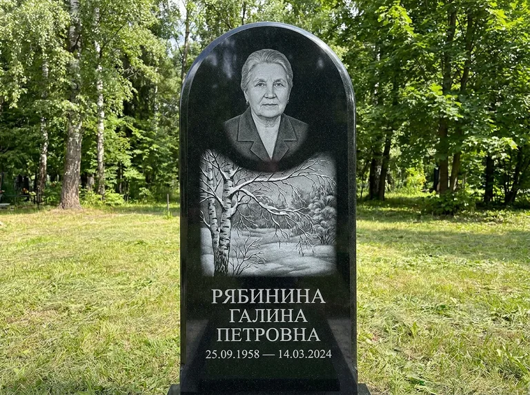 Памятник с гравировкой берёзы: стела с плавным арочным верхом — зимняя берёза, снег на ветвях, газон без ограды, стриженая трава, работа «Рябинина» в Хабаровске