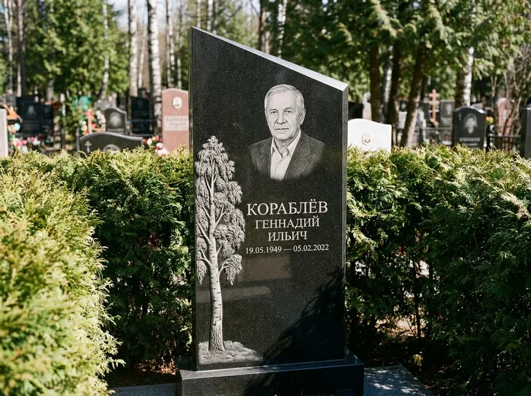 Памятник с гравировкой берёзы: асимметричная скошенная стела — объёмная одинокая берёза с фактурной корой, живая изгородь из туи, работа «Кораблёв» в Хабаровске