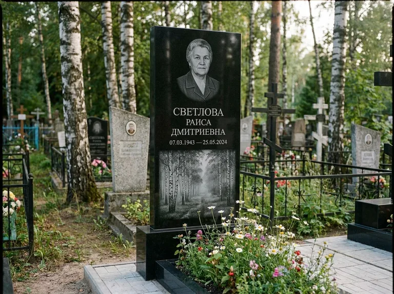 Памятник с гравировкой берёзы: двойная семейная стела — берёзовая роща в лёгкой дымке, цветник с полевыми цветами, работа «Светлова» в Хабаровске