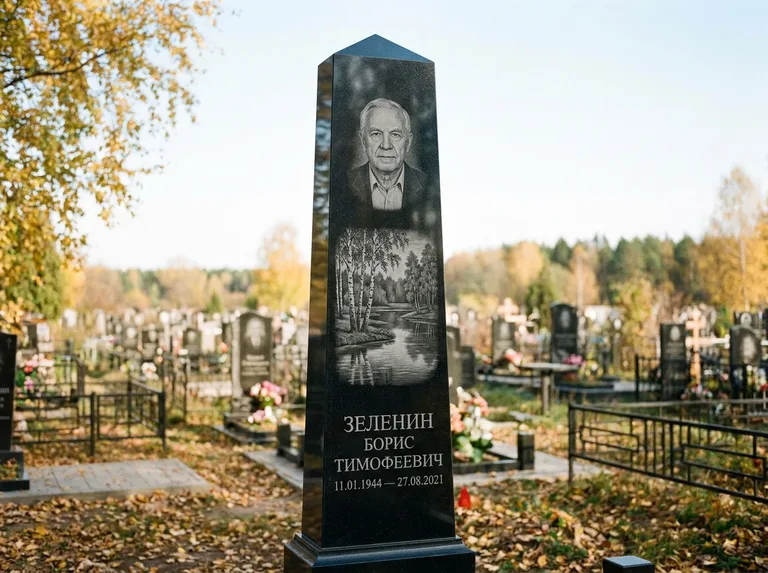 Памятник с гравировкой берёзы: гранёный обелиск-колонна — берёза у воды с отражением, открытый участок, мягкий свет, работа «Зеленин» в Хабаровске