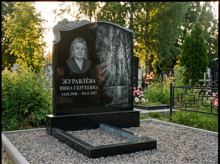 Памятник с гравировкой берёзы: стела с фигурным резным верхом — плакучая берёза в контровом свете, гравийная отсыпка, рассвет, работа «Журавлёва» в Хабаровске