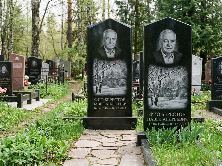 Памятник с гравировкой берёзы: массивная стела с двускатным навершием — зимняя берёза, снег на ветвях, дорожка из природного плитняка, работа «Берестов» в Хабаровске