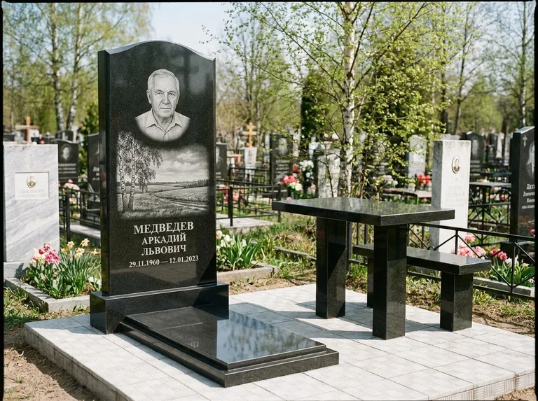 Памятник с гравировкой берёзы: стела с гранитным столиком и скамьёй — берёза у поля, простор до горизонта, семейный участок с плиткой, работа «Медведев» в Хабаровске