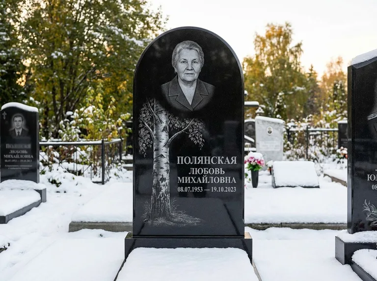Памятник с гравировкой берёзы: полукруглая стела — объёмная одинокая берёза с фактурной корой, заснеженный зимний участок, работа «Полянская» в Хабаровске