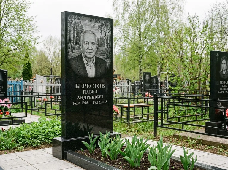 Памятник с гравировкой берёзы — гравировка берёзовой рощи в глубину, работа «Берестов» в Хабаровске