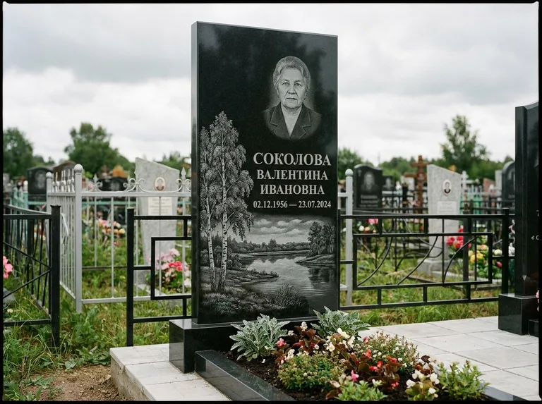 Памятник с гравировкой берёзы — гравировка берёзы у зеркального озера, работа «Соколова» в Хабаровске