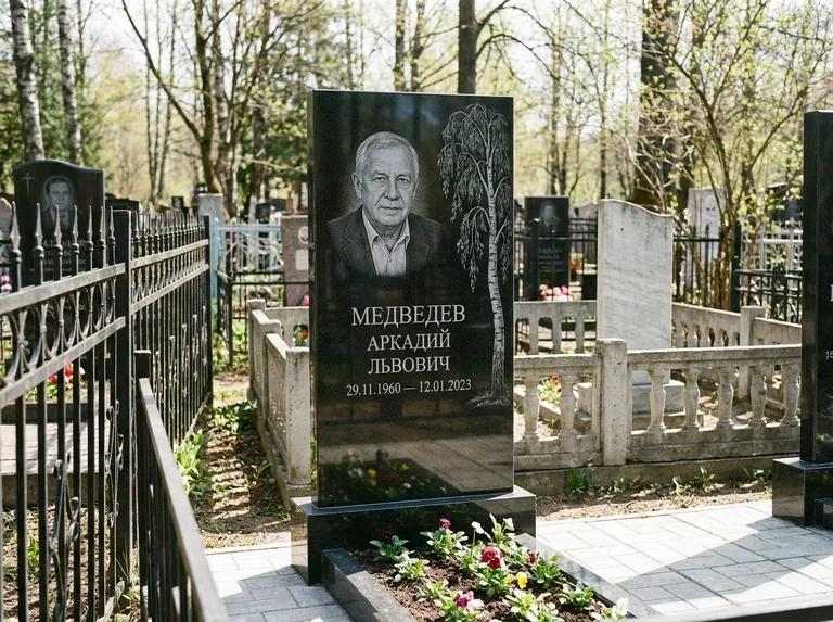 Памятник с гравировкой берёзы — гравировка плакучей берёзы с тонкими ветвями, работа «Медведев» в Хабаровске