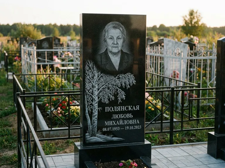 Памятник с гравировкой берёзы — гравировка зимней берёзы в инее, работа «Полянская» в Хабаровске