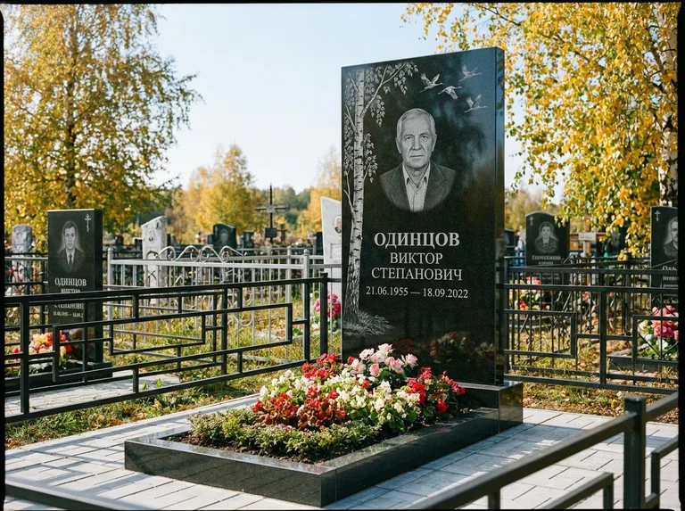 Памятник с гравировкой берёзы — гравировка берёзы с журавлиным клином в небе, работа «Одинцов» в Хабаровске