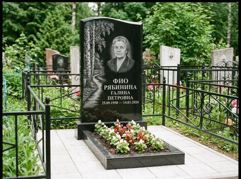 Памятник с гравировкой берёзы — гравировка берёзы у тропинки, уходящей вдаль, работа «Рябинина» в Хабаровске