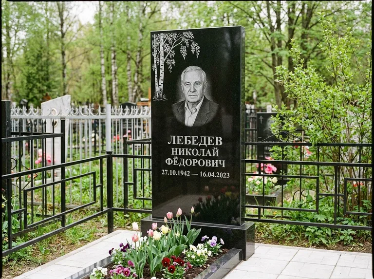 Памятник с гравировкой берёзы — гравировка одинокой берёзы над именем, работа «Лебедев» в Хабаровске