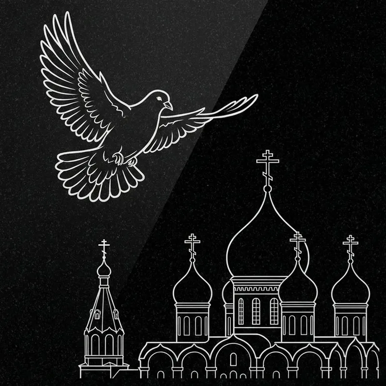 Эскиз гравировки голубей на памятник — голубь в небе над храмом в Хабаровске