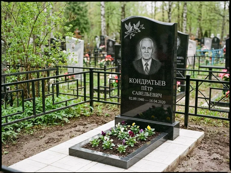 Памятник с гравировкой голубей — гравировка пары голубей на ветке в верхнем углу стелы, работа «Кондратьев» в Хабаровске