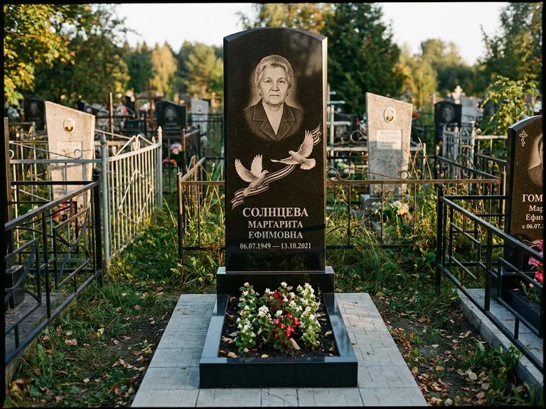 Памятник с гравировкой голубей — гравировка двух летящих голубей с лентой по диагонали стелы, работа «Солнцева» в Хабаровске