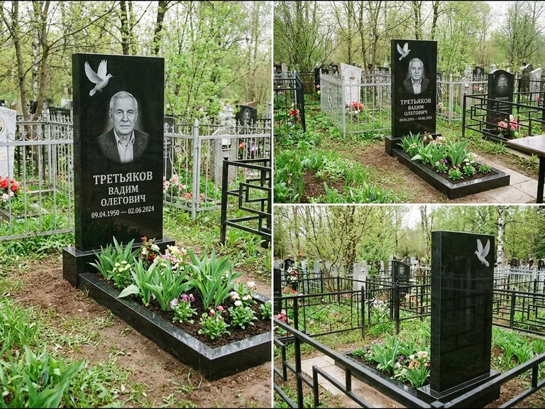 Памятник с гравировкой голубей — белая гравировка взлетающего голубя над портретом, работа «Третьяков» в Хабаровске