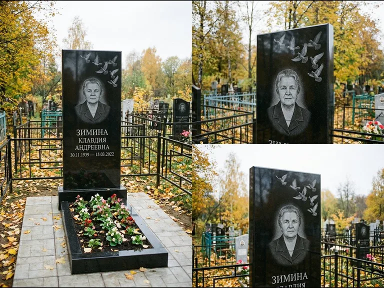 Памятник с гравировкой голубей — гравировка стаи голубей, взлетающей от угла стелы, работа «Зимина» в Хабаровске