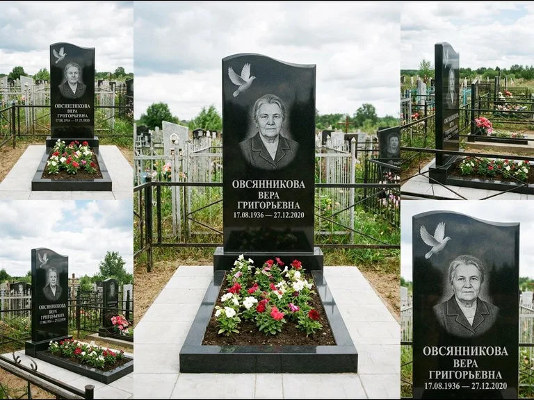 Памятник с гравировкой голубей — белая гравировка взлетающего голубя над портретом, работа «Овсянникова» в Хабаровске