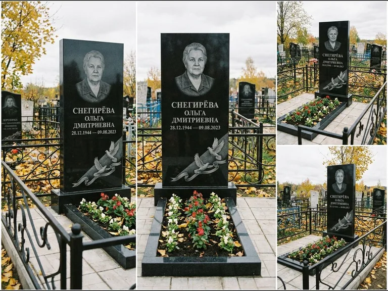 Памятник с гравировкой голубей — гравировка двух летящих голубей с лентой по диагонали стелы, работа «Снегирёва» в Хабаровске