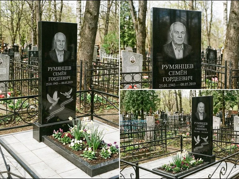 Памятник с гравировкой голубей — гравировка двух летящих голубей с лентой по диагонали стелы, работа «Румянцев» в Хабаровске