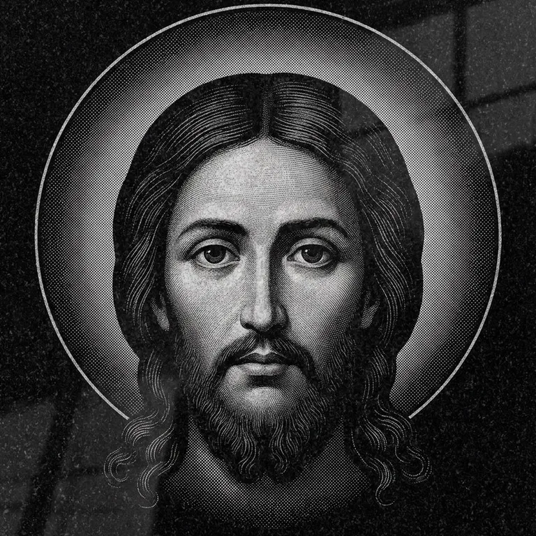 Эскиз иконы: Спас Нерукотворный (полутон) — детальный лик на убрусе, гравировка на памятник в Хабаровске