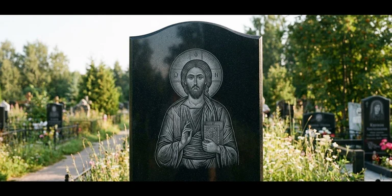 Иконы для гравировки на памятник в Хабаровске — образ на стеле из чёрного гранита с ручной доводкой лика