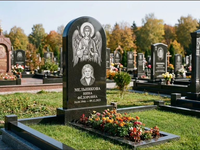 Памятник с гравировкой иконы — икона над портретом усопшего, работа «Журавлёв» в Хабаровске