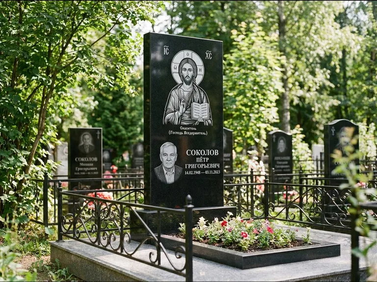 Памятник с гравировкой иконы — икона Спаса Вседержителя над именем усопшего, работа «Воронцова» в Хабаровске