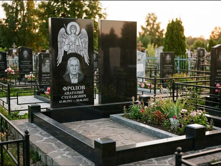 Памятник с гравировкой иконы: стела с резной рамкой вокруг иконы — Архангел Михаил на стеле, белая мраморная крошка с бордюром, работа «Богданова» в Хабаровске