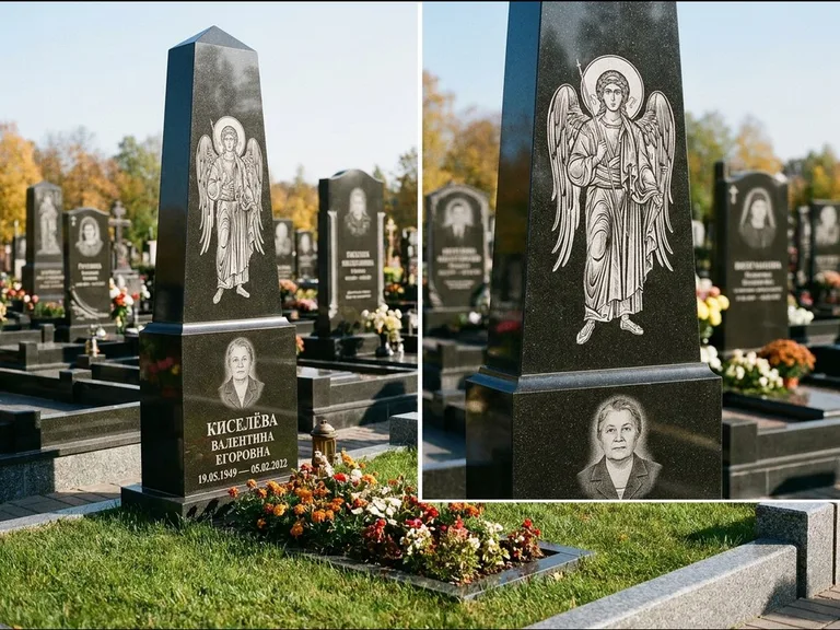 Памятник с гравировкой иконы: асимметричная скошенная стела — гравировка образа Спасителя, живая изгородь из кустарника, работа «Третьяков» в Хабаровске