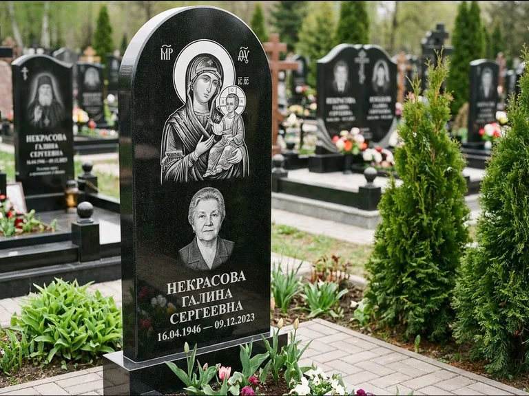 Памятник с гравировкой иконы: фигурная стела с киот-нишей под икону — икона в резной рамке-киоте, светлая гравийная отсыпка, работа «Журавлёв» в Хабаровске